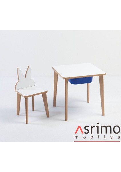 Depolama Hazneli Çocuk Aktivite Masa Sandalye Takımı - Tavşan Figürlü - Kare Masa