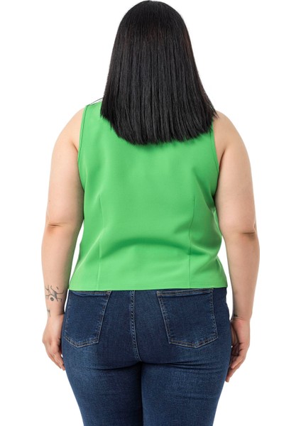 Büyük Beden Düğme Detaylı Benetton Yeşili Bluzan Yelek modelleri