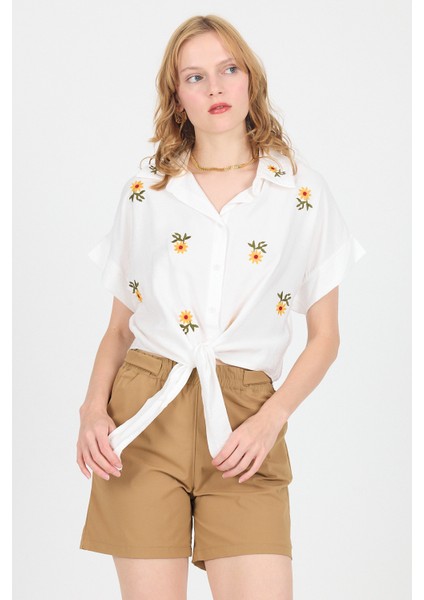 Ekru Çiçek Nakışlı Ön Bağlamalı Gömlek Bluz 6949 fiyatları