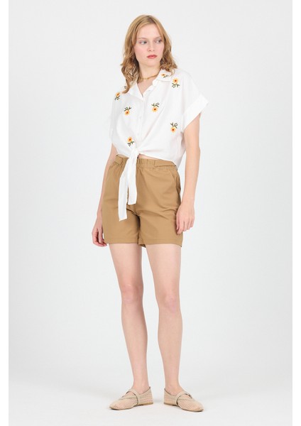 Ekru Çiçek Nakışlı Ön Bağlamalı Gömlek Bluz 6949 modelleri