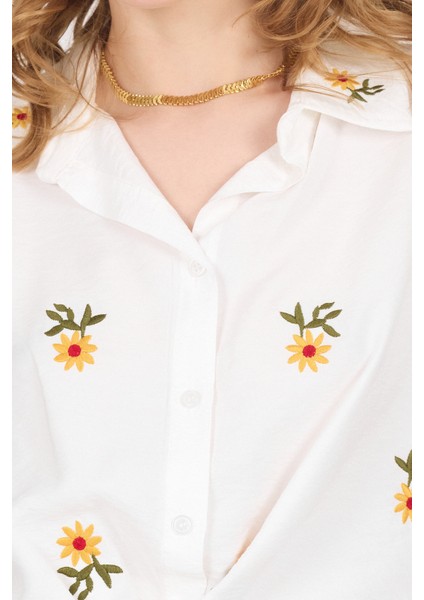 Ekru Çiçek Nakışlı Ön Bağlamalı Gömlek Bluz 6949 fırsatları