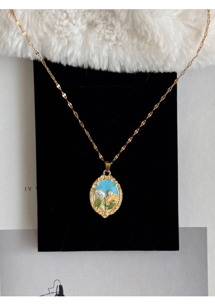 Mavi Sanat Çiçek Inci Luxury Çelik Kolye