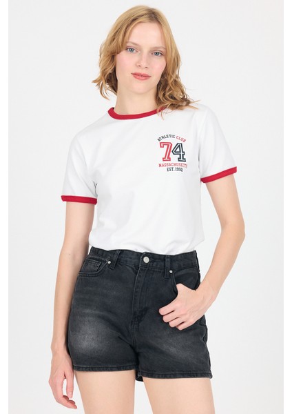 Beyaz Yazı Baskılı Regular Fit Ribana Detaylı Tişört 6325 fiyatları