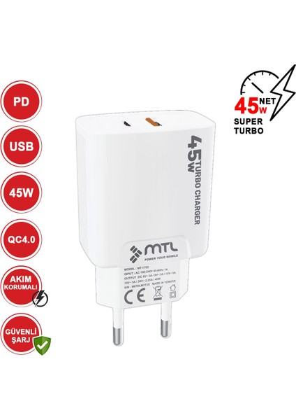 45W Turbo Type-C ve USB Çift Girişli Şarj Adaptörü Qc 4.0 MT-A1755