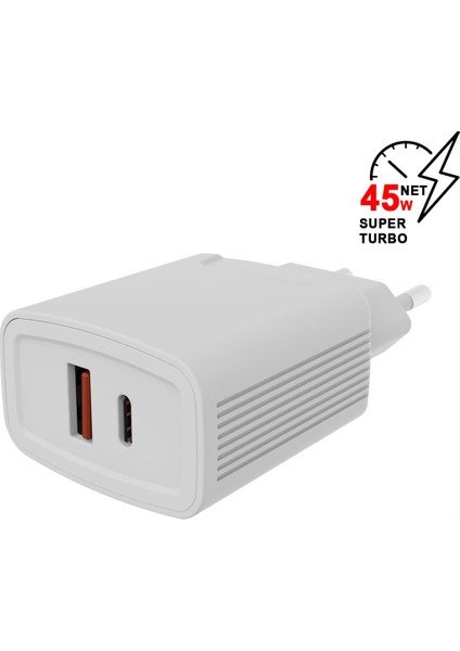 45W Turbo Type-C ve USB Çift Girişli Şarj Adaptörü Qc 4.0 MT-A1755 modelleri