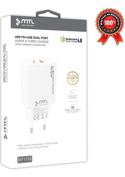 45W Turbo Type-C ve USB Çift Girişli Şarj Adaptörü Qc 4.0 MT-A1755 fırsatları
