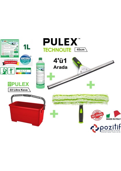 Profesyonel Ev ve Iş Yeri Cam Tem. Seti - 45CM Technolite Camçek + Peluş + Kova + Özel Cam Deterjanı