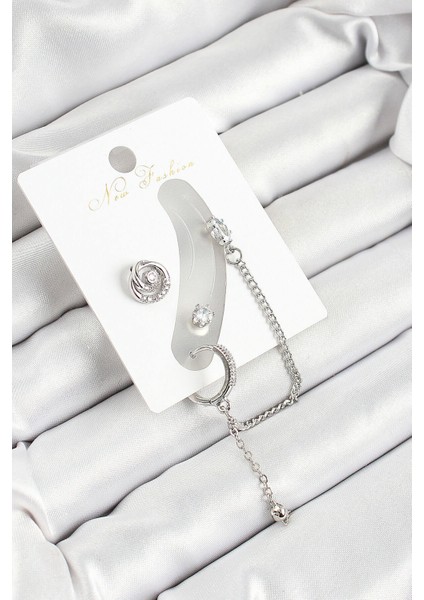 Pirinç Halka Figürlü Zirkon Taşlı Gümüş Renk 3'lü Kıkırdak Kadın Küpe Set - Lisinya