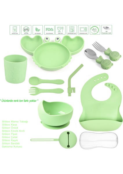 Silikon Beslenme Seti Vakumlu Mama Tabağı, Kase, Pipet, Önlük, Çatal-kaşık, Bardak /yeşil (YENGEÇ)