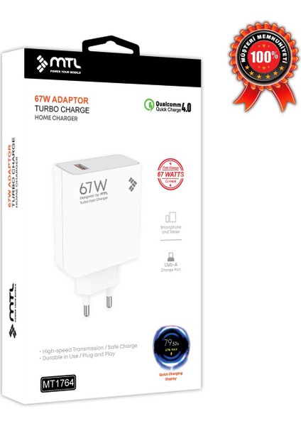 67W Turbo USB Şarj Adaptörü Qc 4.0 MT-A1764 modelleri