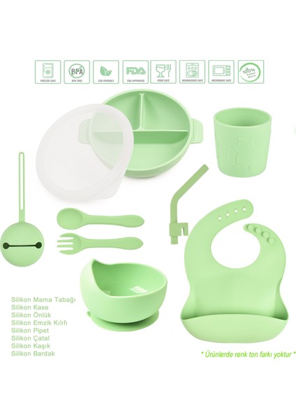 Silikon Beslenme Seti Mama Tabağı, Kase, Emzik Kılıfı, Pipet, Önlük, Çatal-kaşık, Bardak / Yeşil