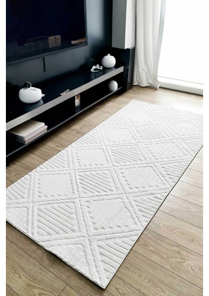 Hilda Iskandinav Dokuma Bukleli Premium Beyaz Puffy Peluş Yolluk Koridor Halısı Salon Halısı