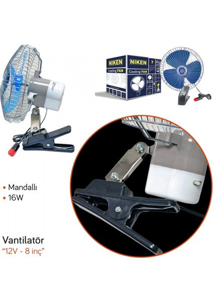 Araç Vantilatörü 12V 8 Inç 16W Mandallı fiyatları
