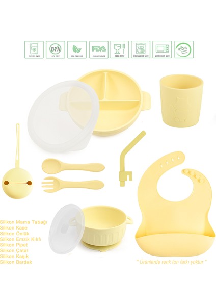 Silikon Beslenme Seti Mama Tabağı, Kase, Pipet, Emzik Kılıfı, Çatal Ve Kaşık, Düz Bardak/sarı