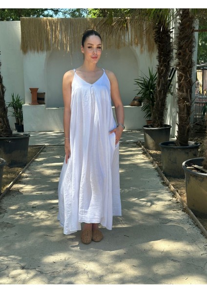 Yazlık Keten Askılı Oversize Elbise