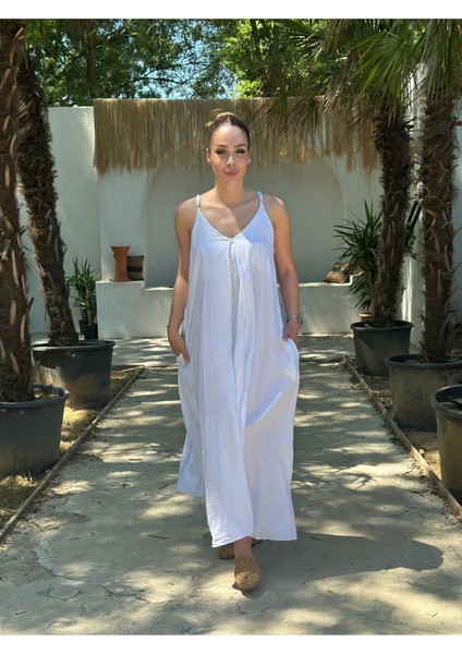 Yazlık Keten Askılı Oversize Elbise modelleri
