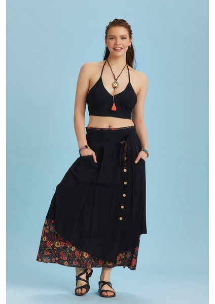 Bohem Tarz Düğme Detaylı Kloş Etek