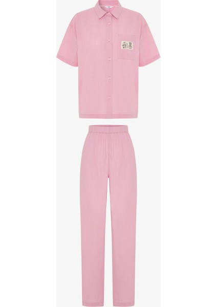 Lila Slogan Baskılı Gömlek Yakalı Pamuklu Kısa Kollu Şortlu Pijama Takımı - Inspired by Flora