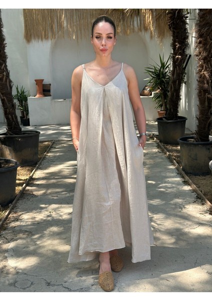 Yazlık Keten Askılı Oversize Elbise
