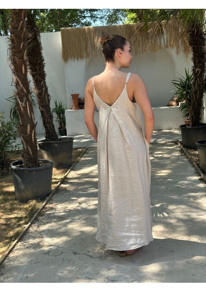 Yazlık Keten Askılı Oversize Elbise
