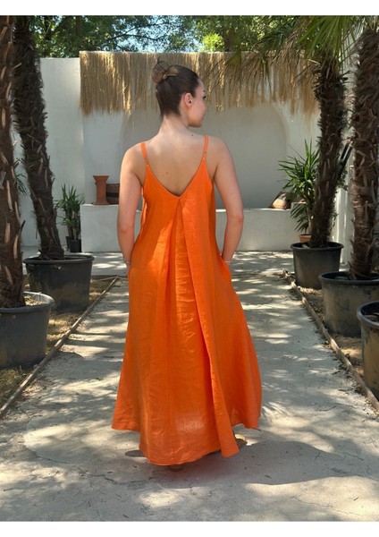 Yazlık Keten Askılı Oversize Elbise