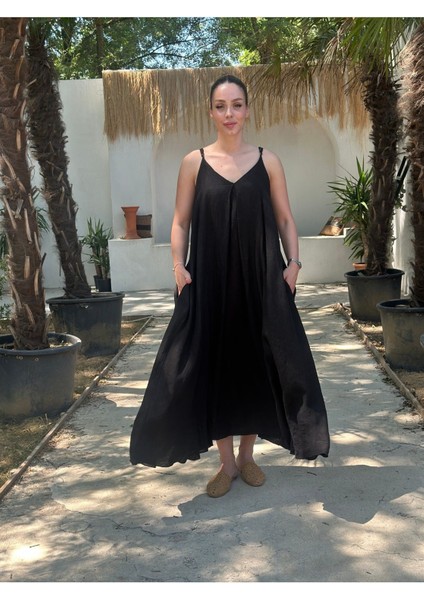 Yazlık Keten Askılı Oversize Elbise