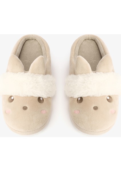 Bej Sevimli Tavşan Nakışlı Ev Terliği