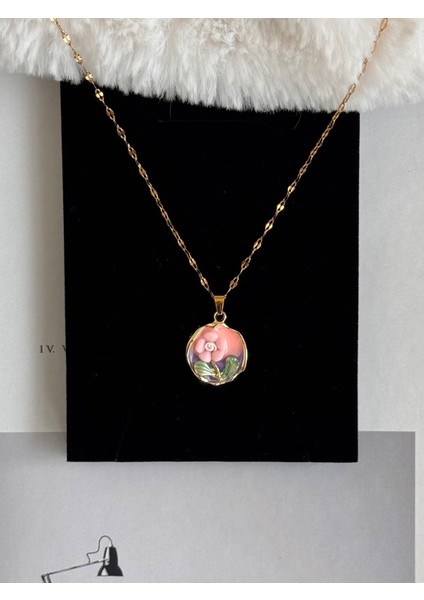 Pembe Çiçek Luxury Sanat Çelik Kolye
