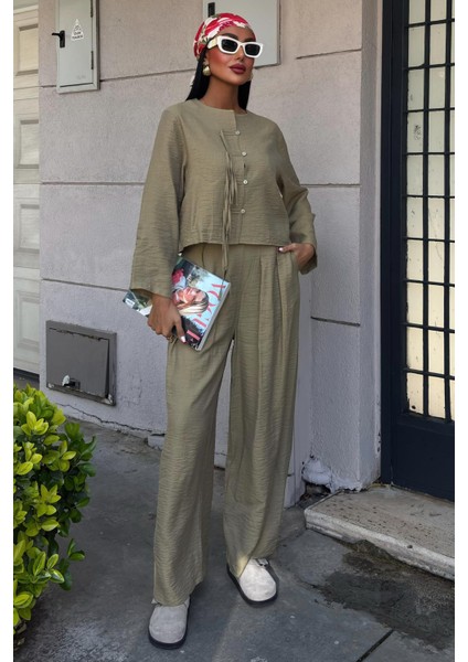 Kadın Yag Yeşili Keten Oversize Uzun Kollu Takım