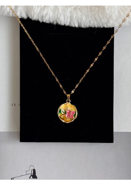 Sarı Pembe Çiçek Sanat Luxury Çelik Kolye