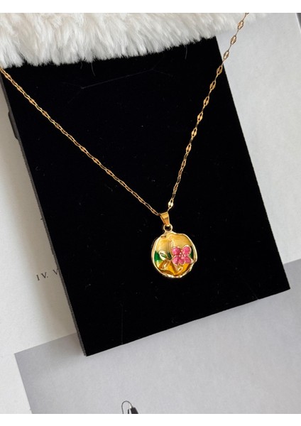Sarı Pembe Çiçek Sanat Luxury Çelik Kolye fiyatları
