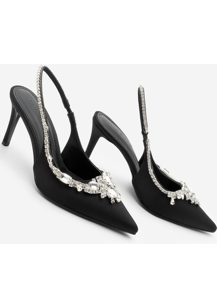 Kadın Stiletto Sivri Burun Taşlı Arkası Açık Topuklu Ayakkabı Sakne