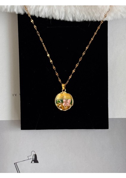 Sarı Pembe Çiçek Luxury Renkli Sanat Çelik Kolye