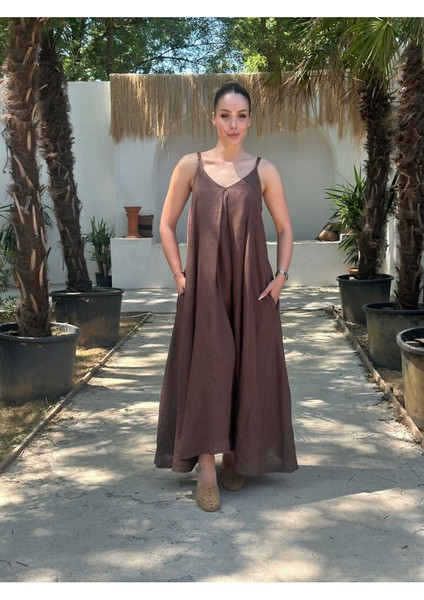Yazlık Keten Askılı Oversize Elbise