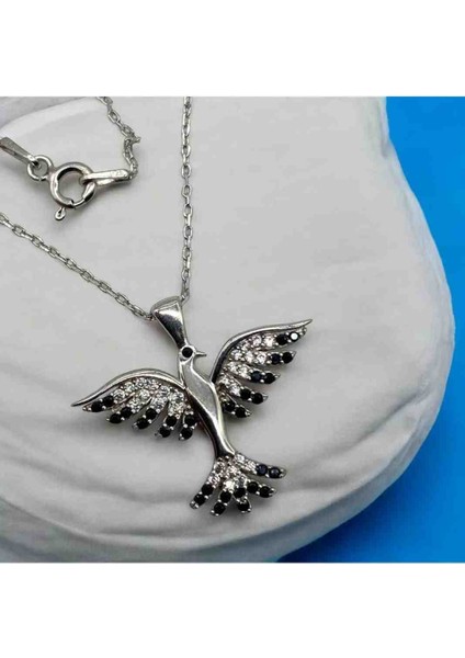 925 Ayar Gümüş Zincirli Zirkon Taşlı Gümüş Anka Kuşu Detaylı Kolye
