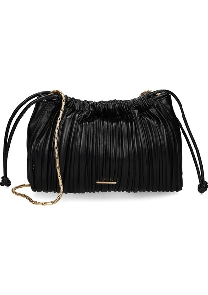 Drawstring Plisse Kadın Siyah Omuz Çantası LV04F3076G-UB1