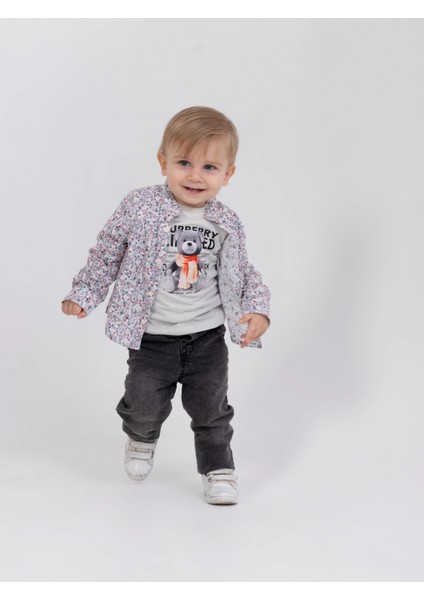 Erkek Bebek 4’lü Şık Günlük Kombin - Cepli Ceket, Çiçekli Gömlek, Ayıcık Baskılı Tişört, Kot Pantolon modelleri