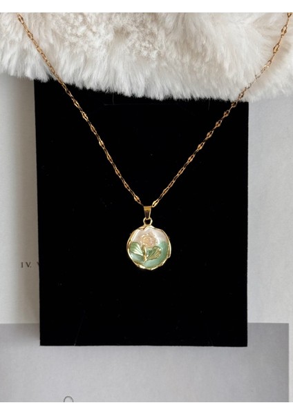 Beyaz Yeşil Yapraklı Sanat Luxury Çelik Kolye