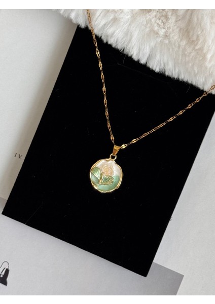 Beyaz Yeşil Yapraklı Sanat Luxury Çelik Kolye fırsatları