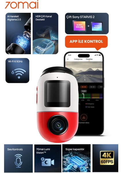 Geliştirilmiş Dash Cam Omni X800 Ultra Hd 4K Çözünürlük, 360° Dönebilen Araç Kamerası, 4K Ön Araç Kamerası ve 128 GB Sd Kart, Süper Algılamalı Adas, Geliştirilmiş Gps Sistemi, Sürümü Kırmızı