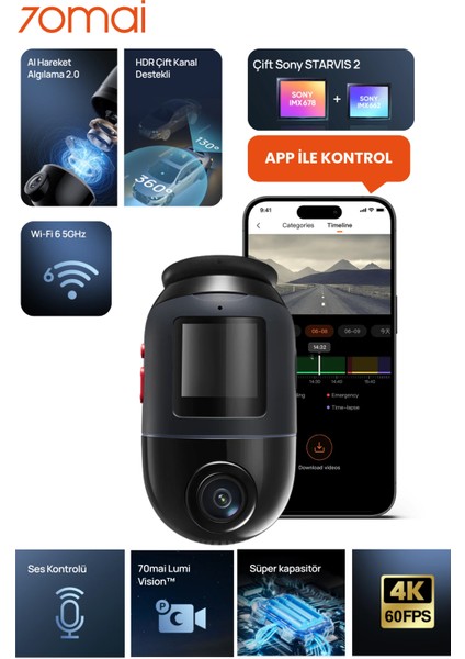 Geliştirilmiş Dash Cam Omni X800 Ultra Hd 4K Çözünürlük, 360° Dönebilen Araç Kamerası, Çift 4K Ön Araç Kamerası ve 128 GB Sd Kart, Süper Algılamalı Adas, Aı Hareket Algılama 2.0 Sürümü Siyah