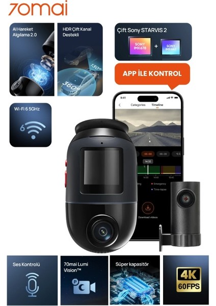 Dash Cam Omni X800-2 Ultra Hd 4K Çözünürlük Araç Kamerası , 360° Dönebilen 4K Araç Kamerası,çift 4K Ön ve Arka Kamera RC14 ve 128 GB Sd Kart,süper Algılama Adas,aı Hareket Algılama 2.0 Siyah