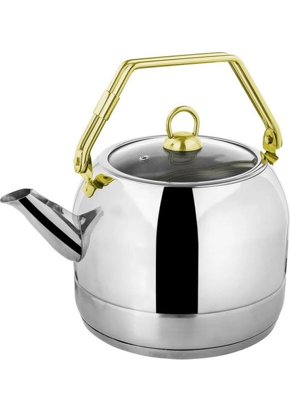 8078 - ( L ) - 2 Parça, Paslanmaz Çelik, Indüksiyonlu, Bitki Çaydanlığı, Gümüş Gövde, Gold Detay
