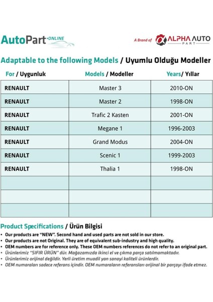 Renault Trafic 2, Megane 1, Grand Modus Için Motor Kaput Açma Kolu fiyatları