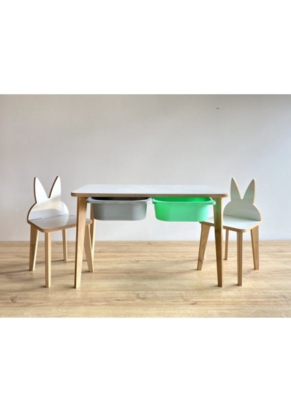 Yaz Sil Yüzeyli Çocuk Aktivite Masa Sandalye Takımı - Çift Hazneli Tavşan Sandalye