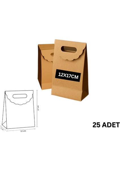 El Geçme Kraft Çanta, Hediye, Alışveriş, Butik, Parti ve Paketleme Çantası, 12 X 17 Cm, 25 Adet