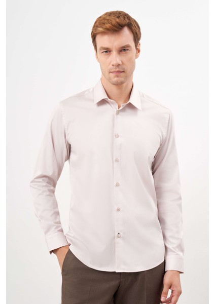 Erkek Bej Pamuk Düz Desen Sert Yaka Slim Fit Gömlek