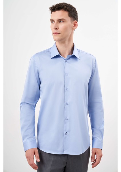 Erkek Mavi Pamuk Düz Desen Sert Yaka Slim Fit Gömlek