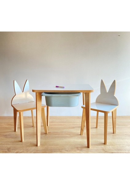 Yaz Sil Yüzeyli Çocuk Aktivite Masa Sandalye Takımı - Renkli Çekmeceli / Tavşan Sandalye