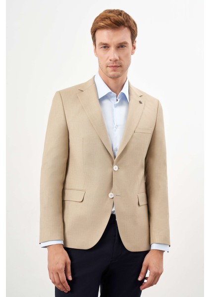 Erkek Bej Poliviskon Slim Fit Mono Yaka Klasik Ceket